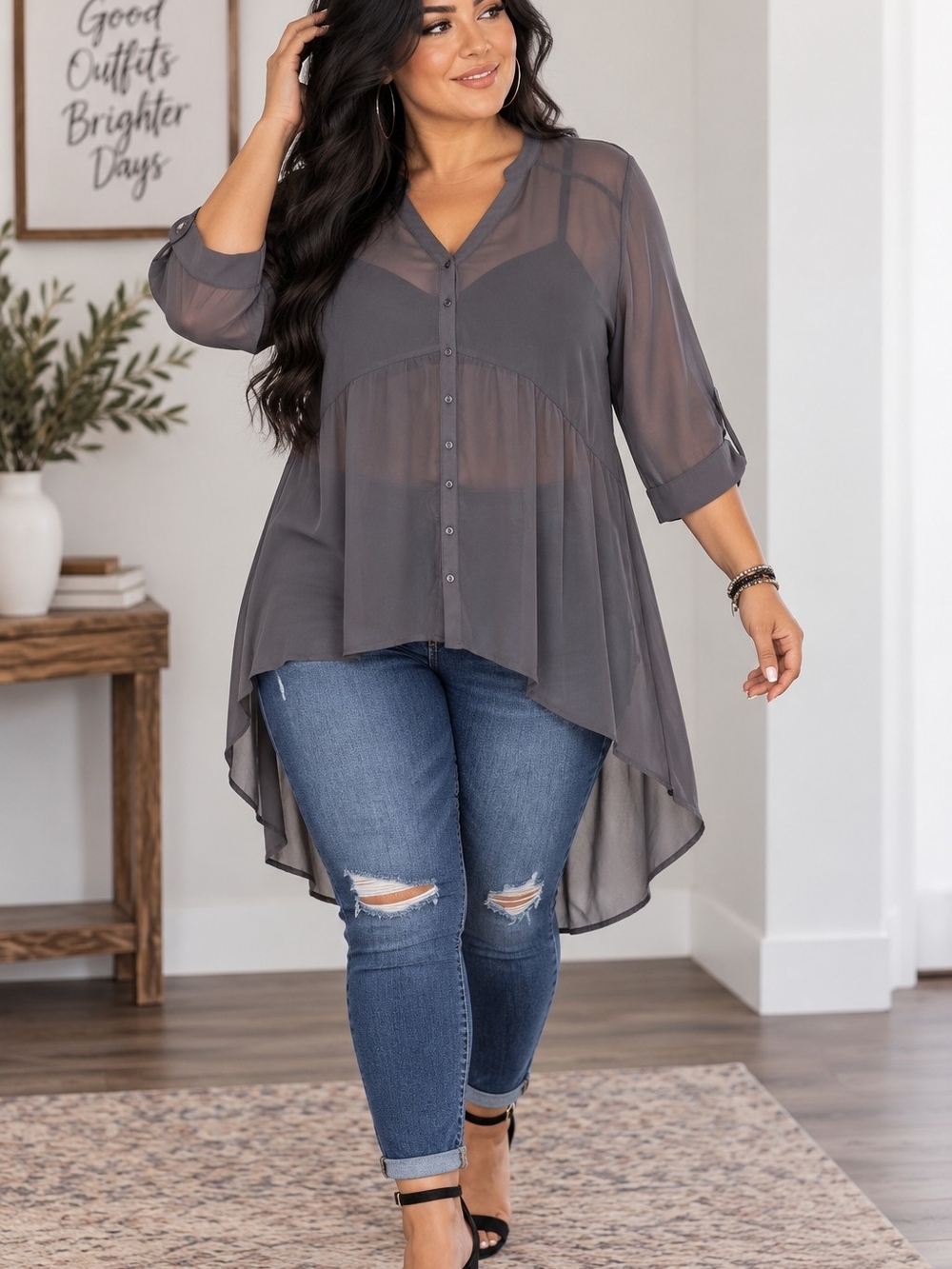 Torrid Gray Sheer High Low Tunic Blouse Women’s Size 2